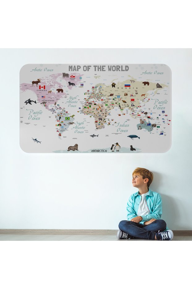 Educational and Flaged World Map World Atlas Children's and Baby's Room Wall Sticker-3813