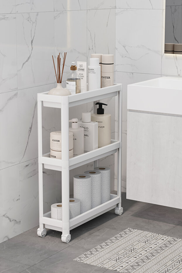 Slim White Rectangular 3-Tier Shelving Unit with Wheels - Bathroom Kitchen Organizer Shelf Modern