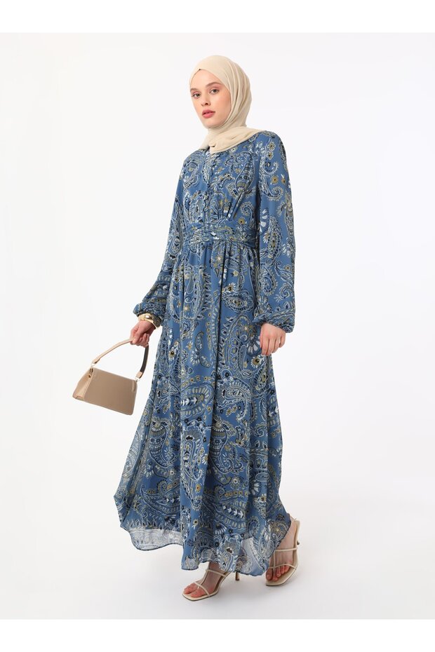 Blue Paisley Patterned Chiffon Hijab Dress with Shirring Detail - Refka