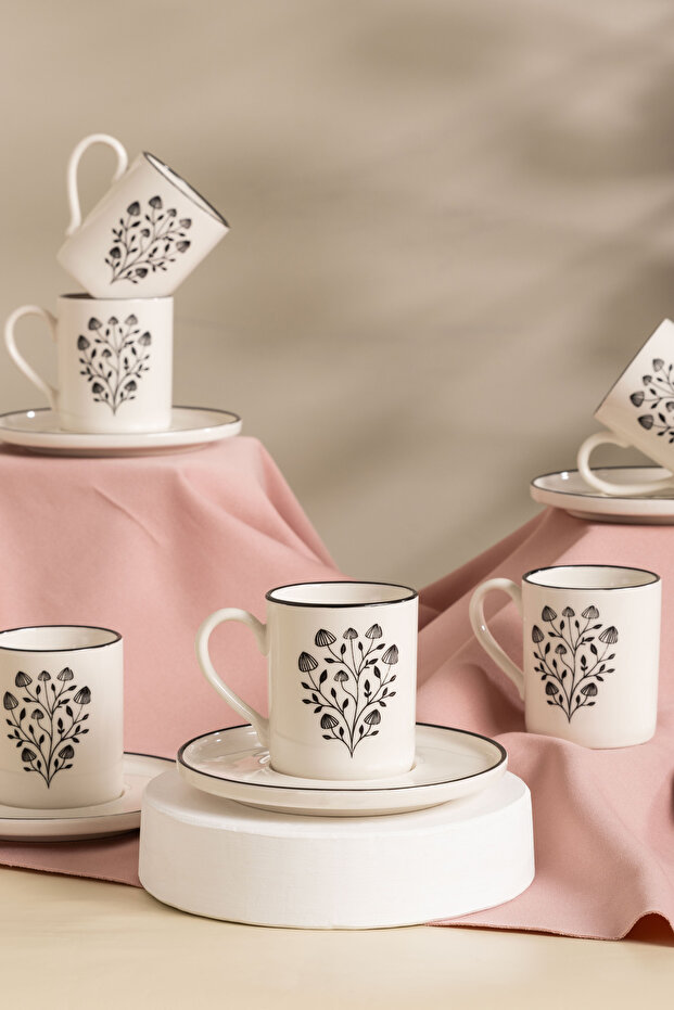 6 Kişilik 12 Parça Mantar Yaprağı Model Siyah Kahve Fincan Seti – Modern ve Doğal Tasarım - 1