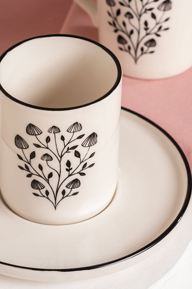 6 Kişilik 12 Parça Mantar Yaprağı Model Siyah Kahve Fincan Seti – Modern ve Doğal Tasarım - 2