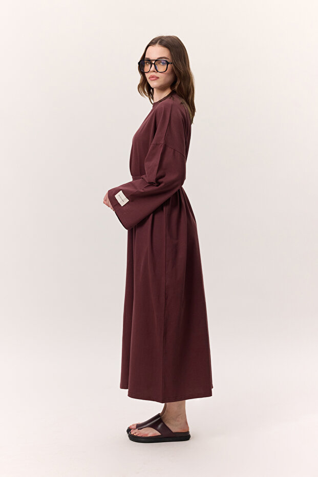 OVERSIZE UZUN RAHAT ELBİSE BORDO - 4