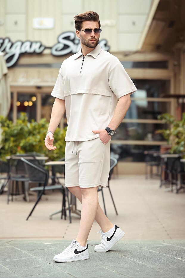 Stone Color Zippered Polo Neck Men's Shorts Shirt Set E7314
