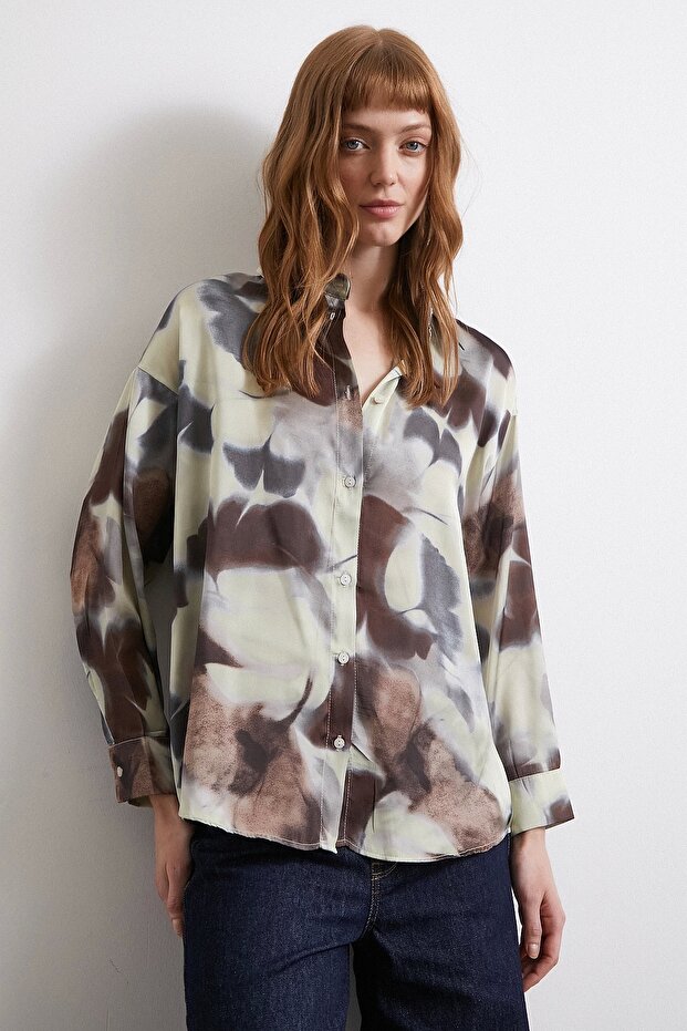 Batik Pattern Satin Shirt Brown - 3