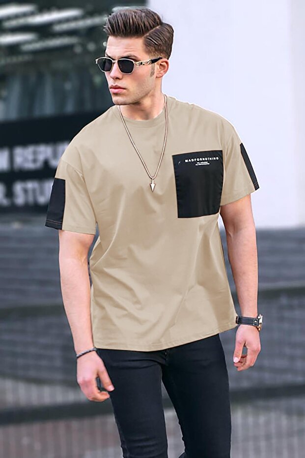 Bej Cep Detaylı Basic Erkek Tişört - 1