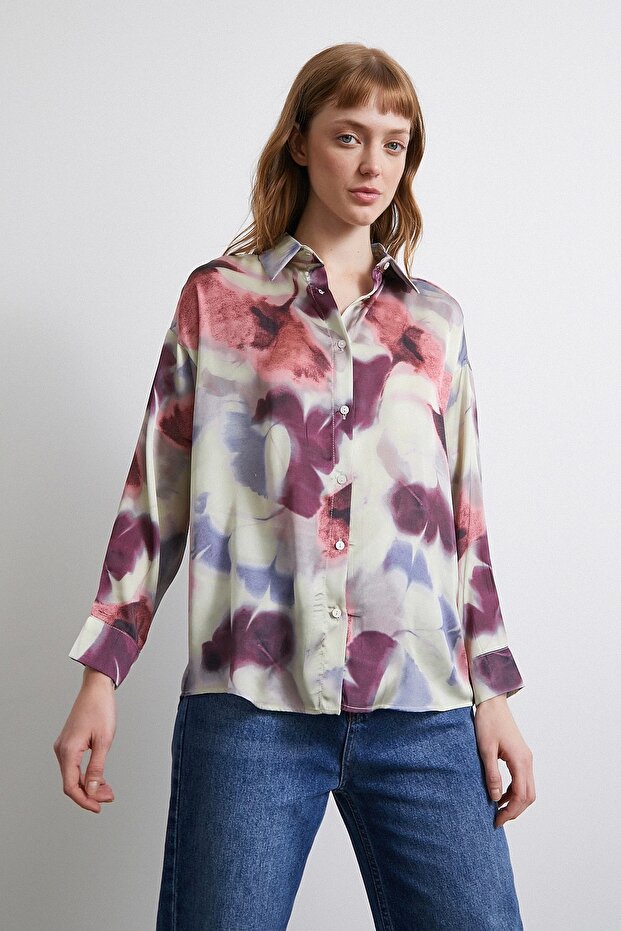 Batik Pattern Lilac Satin Shirt - 5