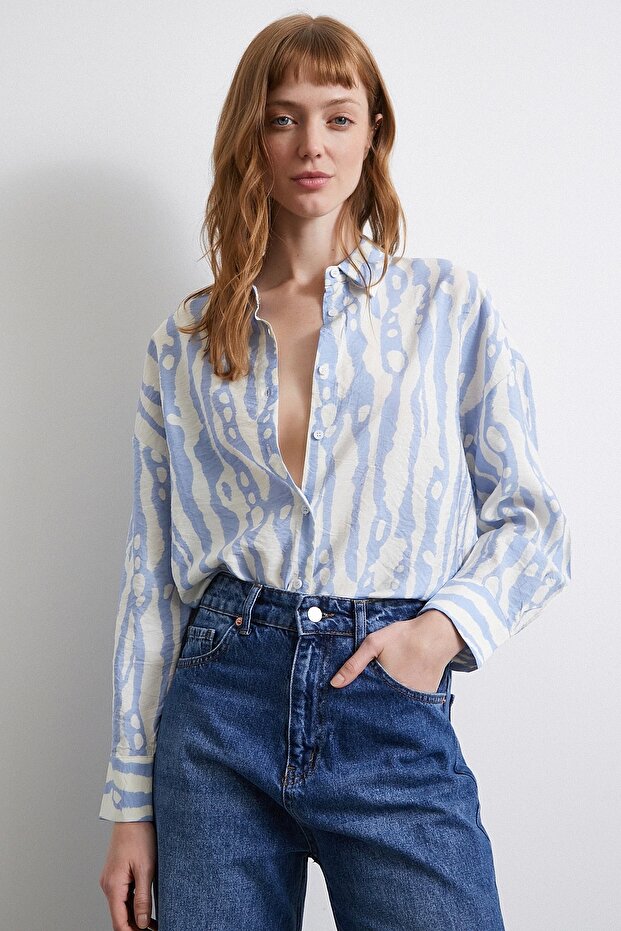 Zebra Desen Modal Gömlek Mavi - 6