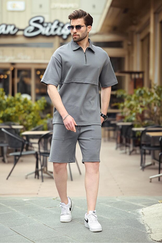 Smoked Zippered Polo Neck Men's Shorts Shirt Set E7314