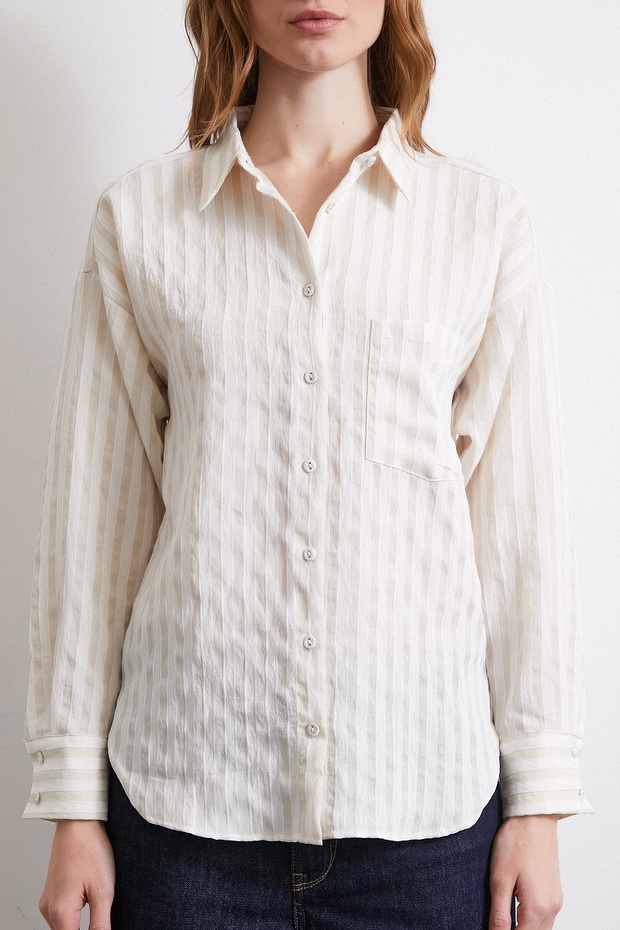 Multi Çizgili Cepli Gömlek Bej - 2