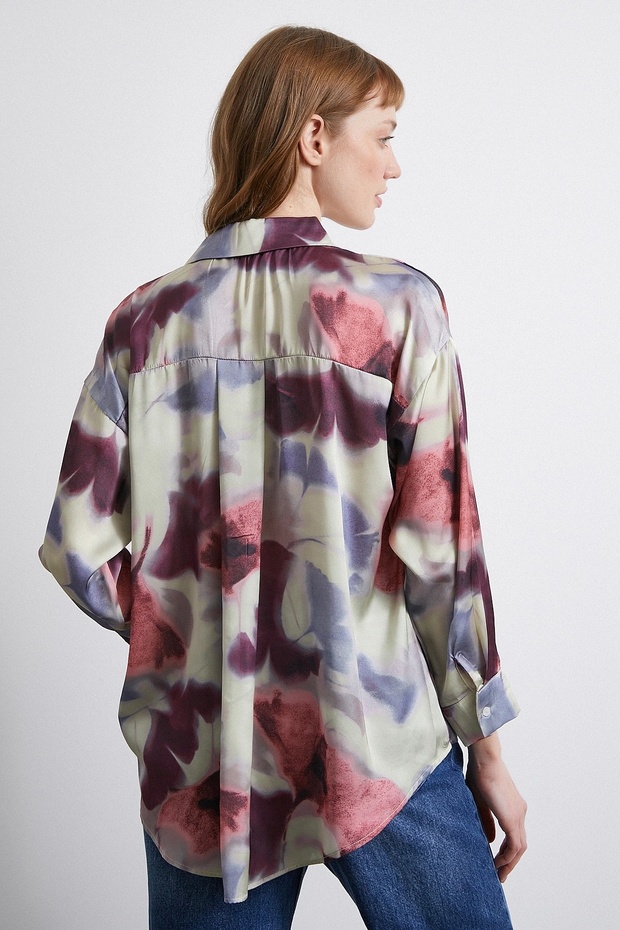 Batik Pattern Lilac Satin Shirt - 3