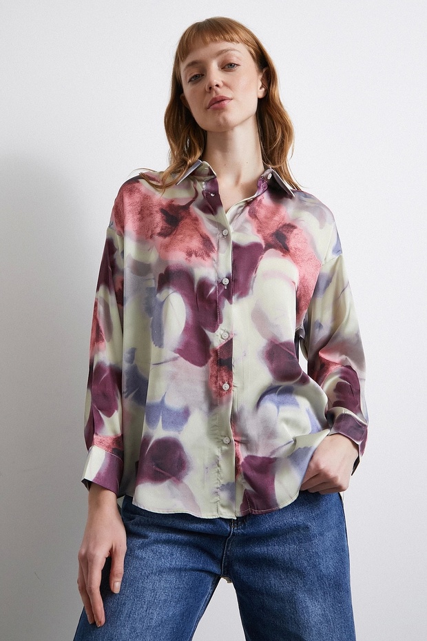 Batik Pattern Lilac Satin Shirt - 1