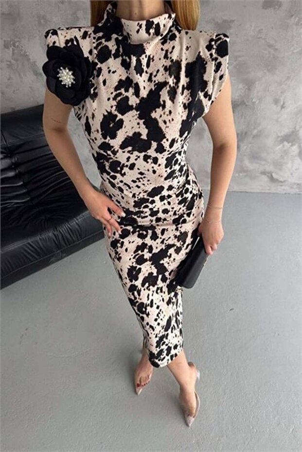 Dipmoda Women Patterned Long Dress with Padded Shoulders Dpk2080