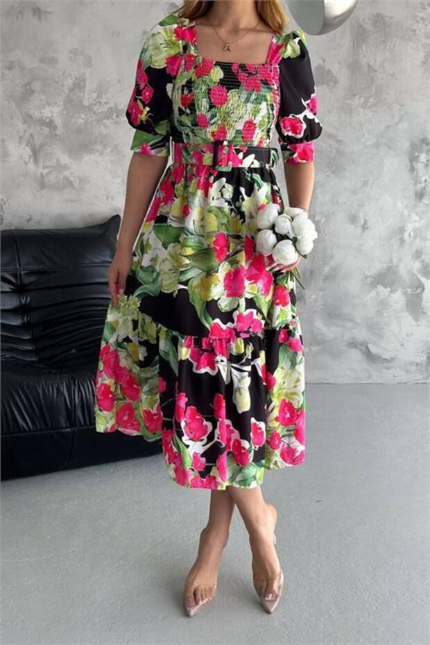 Dipmoda Women's Ghepe Square Collar Belt Summer Dress Dpk2112
