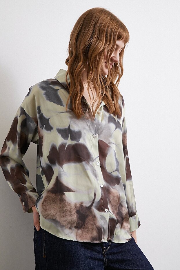 Batik Pattern Satin Shirt Brown - 4