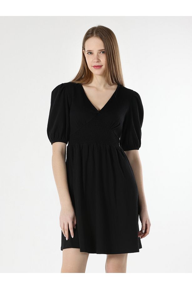 Regular Fit V Yaka Basic Siyah Kadın Elbise - 5