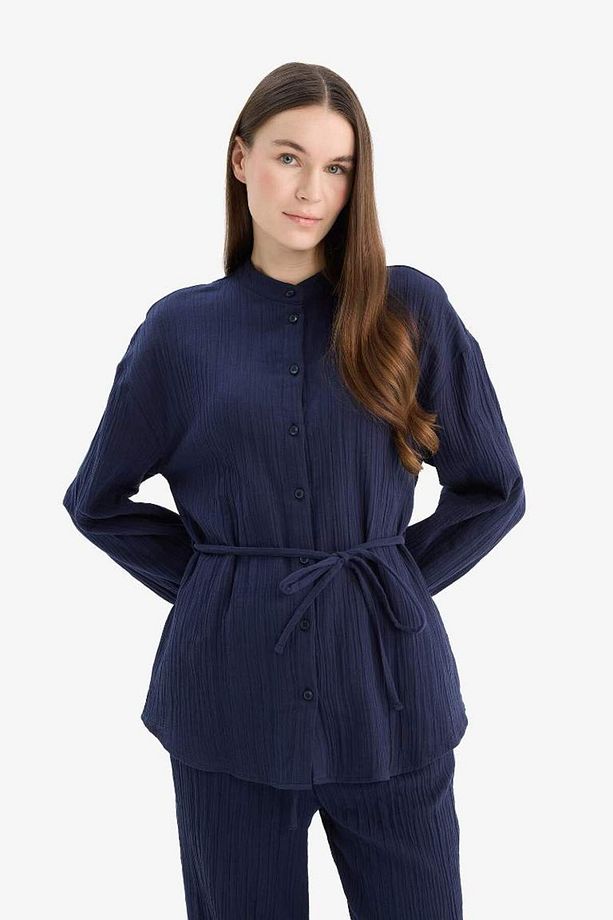 Relax Fit Basic Düz Bağcıklı Müslin Uzun Kollu Tesettür Gömlek Tunik E1107ax25sp - 3