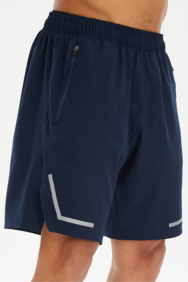 Men's Navy Blue Slit Leg Zipper Pocket Thin Woven Fabric Training Shorts 0699