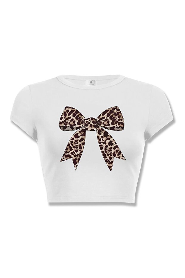 Women's Leopard Ribbon Crop Top White