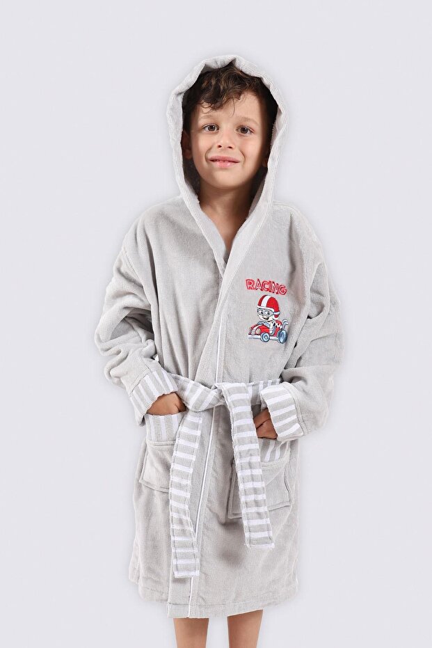 Racer Boys' Bathrobe 100% Organic Cotton Embroidered Gray