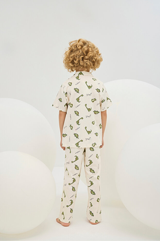 Boy's Pajamas 100% Cotton, Dinosaur Pattern, Front Buttoned - 5