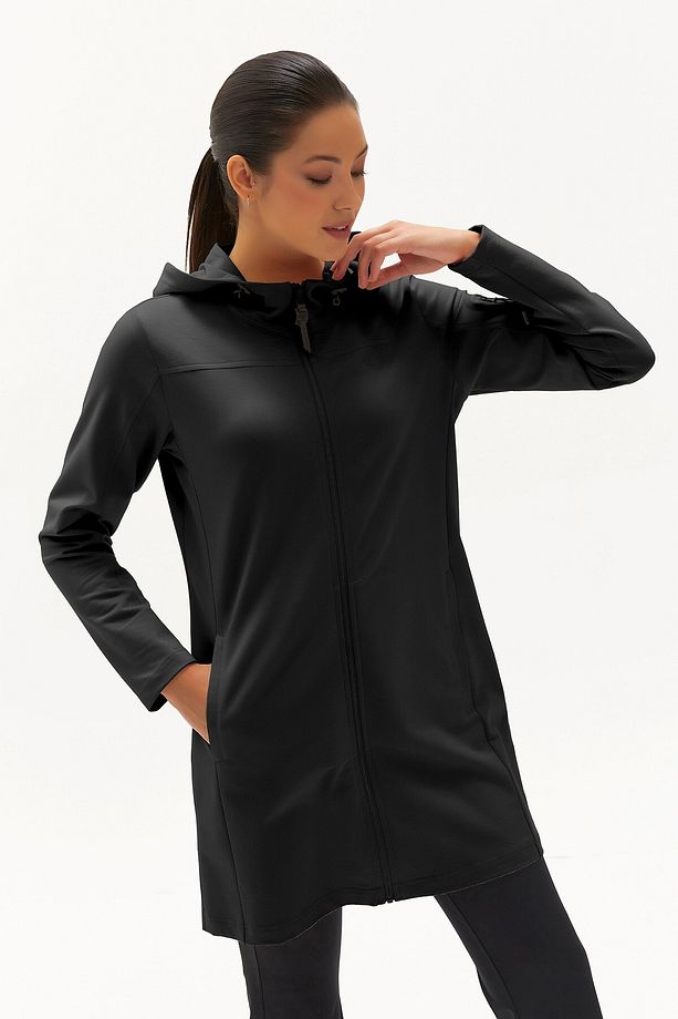 Kadın Siyah Softshell Kışlık Içi Polarlı Kapüşonlu Uzun Eşofman Üstü 0457 - 2