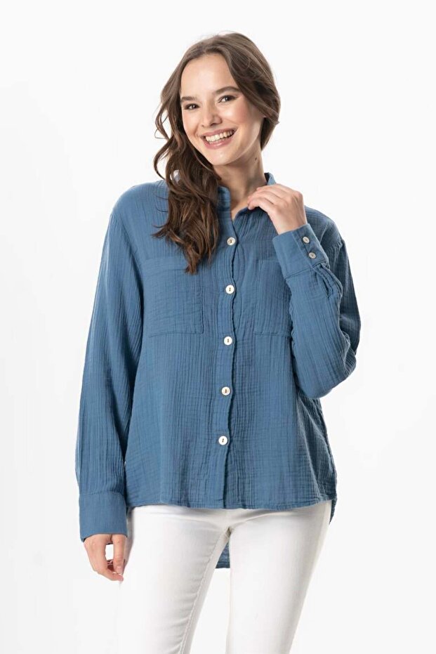 Long Sleeve Sign Pocket Detailed Muslin Summer Shirt Indigo Indg