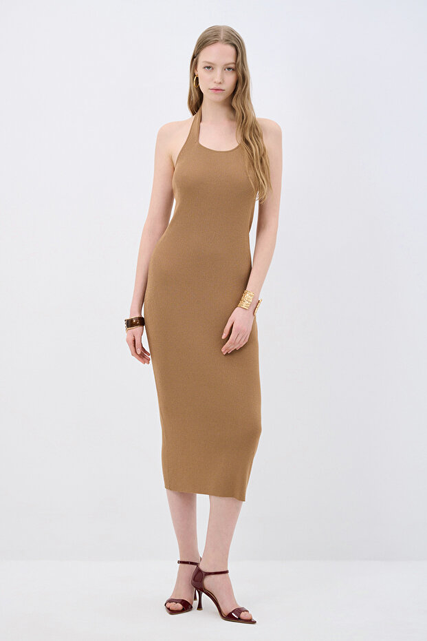 Halter Yaka Triko Elbise - 1