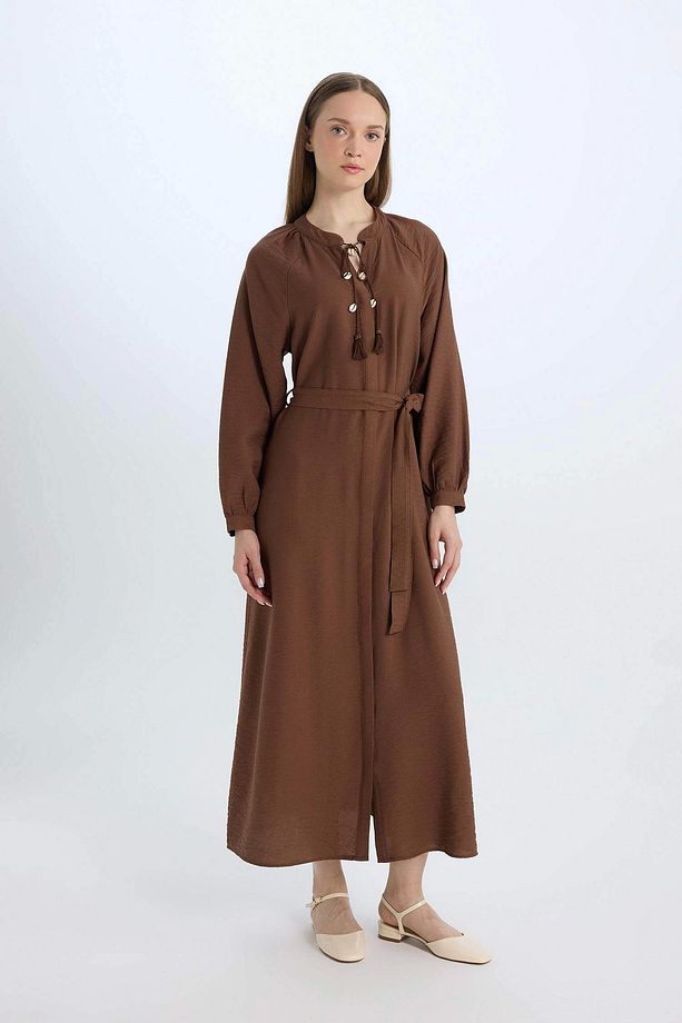 D7322 Kahve Relax Fit Hakim Yaka Uzun Kollu Maxi Elbise - 1