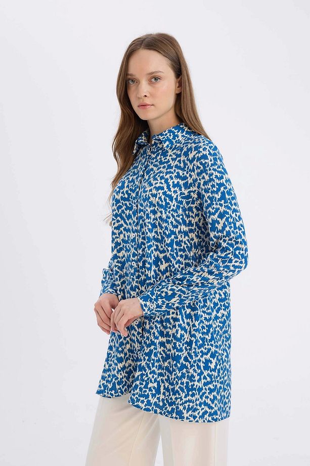Z5833 Mavi Regular Fit Desenli Uzun Kollu Gömlek Tunik - 3