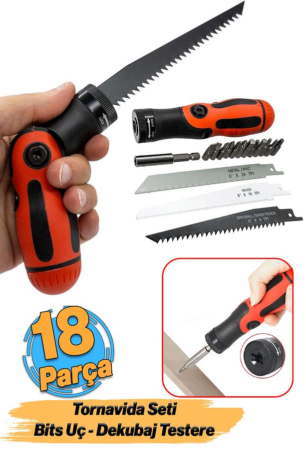 Tornavida Bits Uç ve Dekubaj Testere Seti 18 Parça Kesme Set Yıldız Torx Vida Ucu - 1