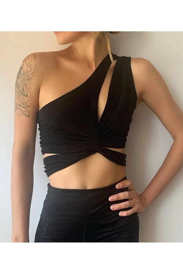 KAHVERENGİ tek omuz modeli ayarlanabilen one eye crop top - 1