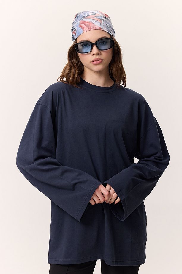 GENİŞ KOL OVERSIZE TSHIRT LACİVERT - 4