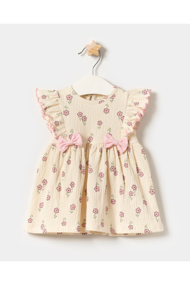 Baby Girl Bow Detailed Floral Knitted Muslin Summer Dress