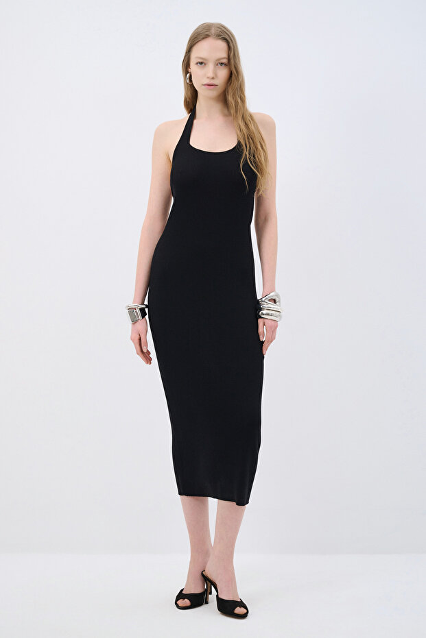 Halter Yaka Triko Elbise - 1