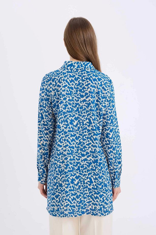 Z5833 Mavi Regular Fit Desenli Uzun Kollu Gömlek Tunik - 6