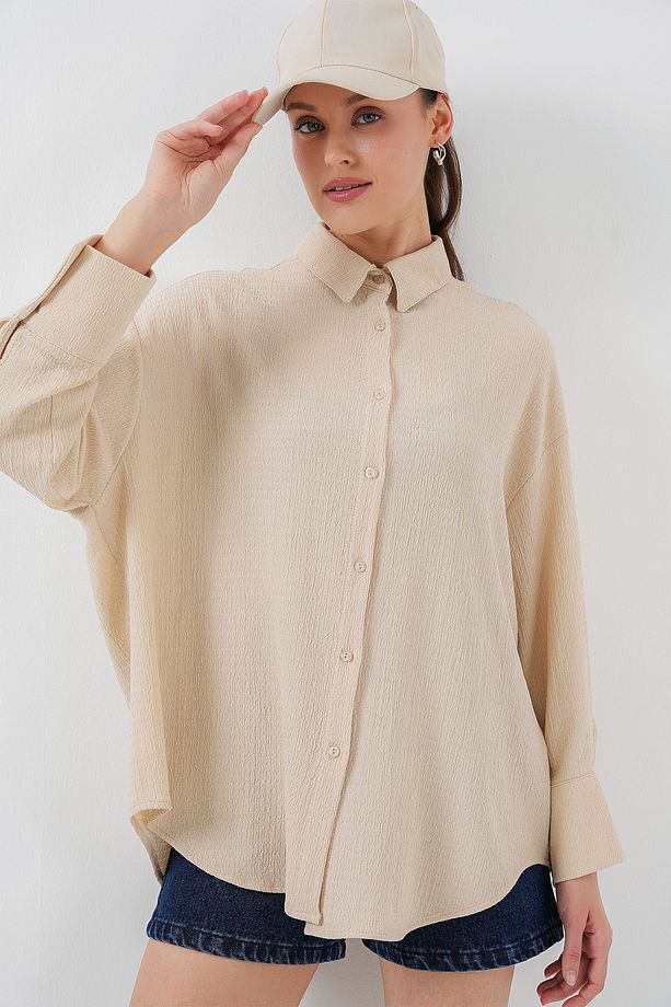 Kadın Örme Oversize Gömlek 20264 - Bej - 6