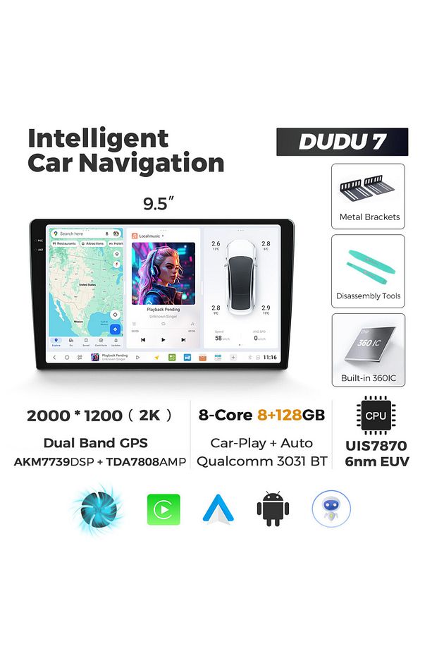 Dudu7 9.5" 2k Qled Android 13,8 128gb 360° Kameralı Universal Akıllı Araç Multimedya Ekran - 1