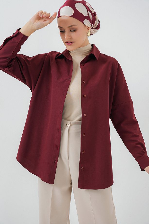 103901 Oversize Basic Tesettür Gömlek - Mürdüm - 3