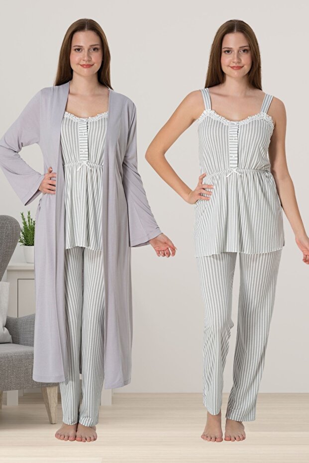 Effortt Gray Maternity Pajamas Set with Dressing Gown