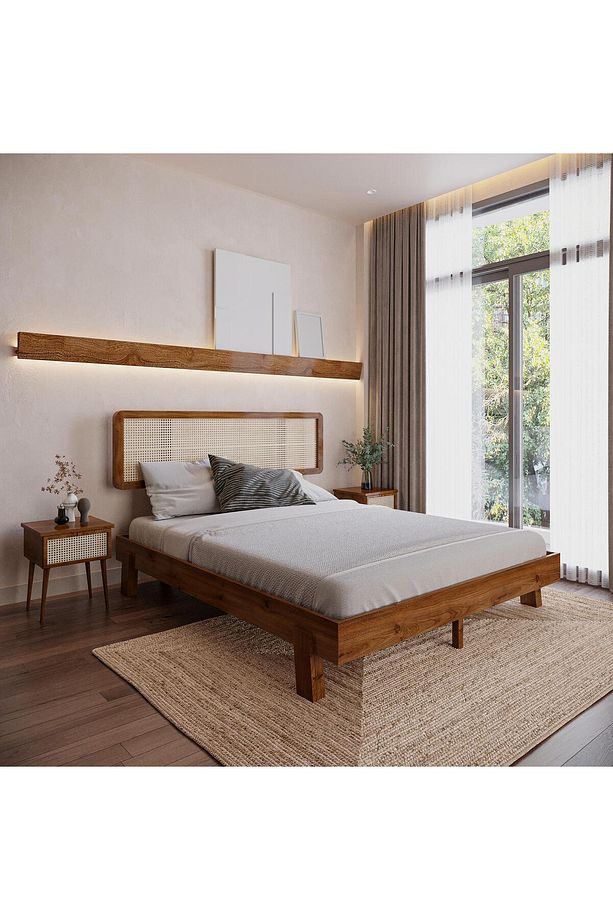 Hazeran Lilyum Model Ceviz Renk Ahşap Karyola Ve İki komodin Set - 1