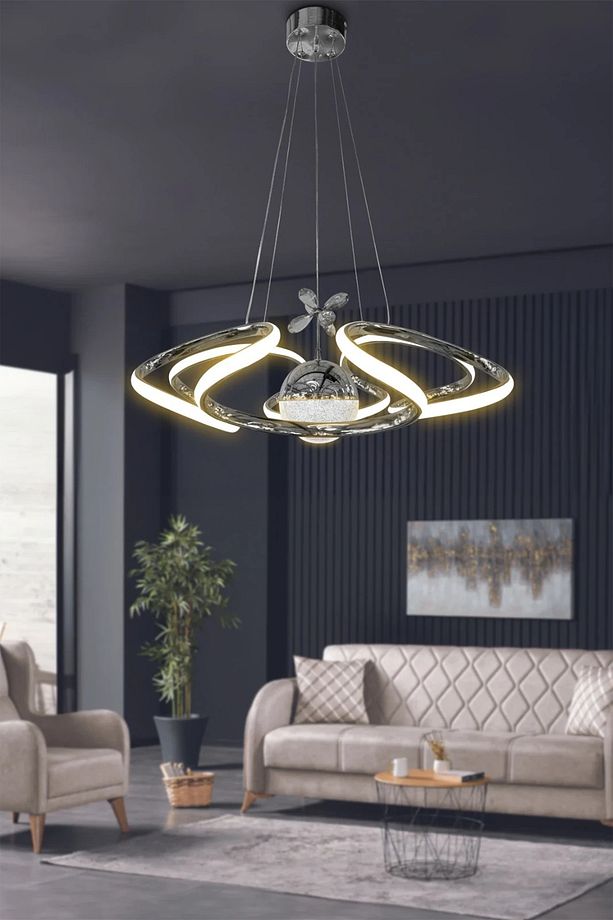 Dron Modern 4 Kol Tek Top Sarkıt Power Led Avize - 3 Renk Kumandalı Krom - 2