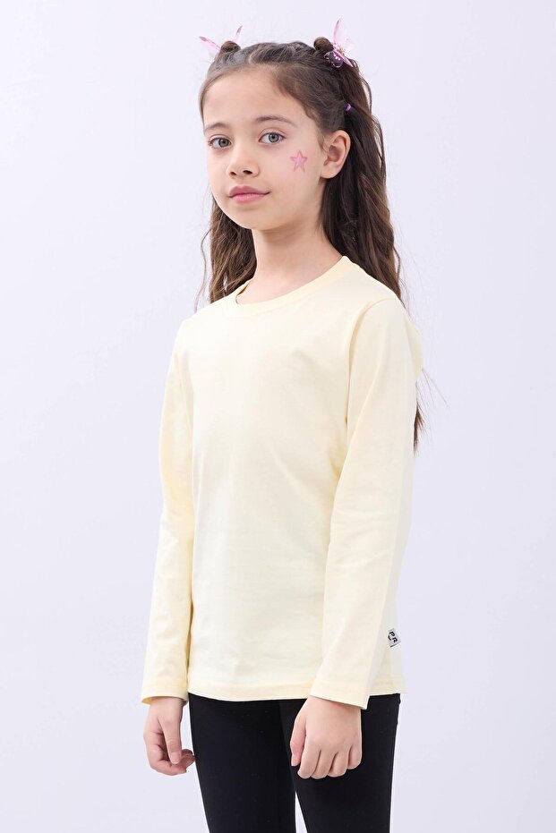 %100 Pamuklu Kız ve Erkek Unisex Uzun Kollu Basic Tshirt Sarı - 4