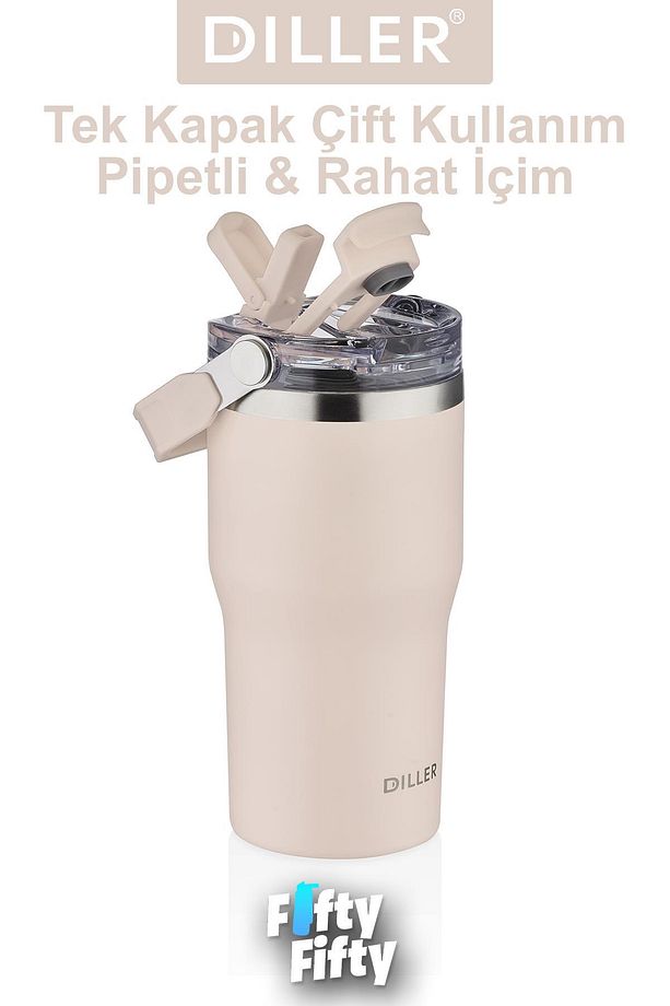 DILLER 620 ML Tek Kapak Çift Kullanım Pipetli/Pipetsiz Taşıma Kulplu Mug/Çelik Termos-FFDILLERD9168 - 2
