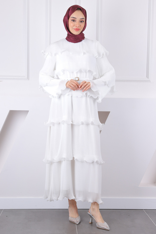 Ecru Layered Pleated Belted Chiffon Dress
