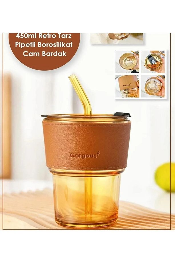 2 Adet 400ml Isıya Dayanıklı Pipetli Borosilikat Retro Deri Şeritli Bardak | Kahve Sunum Bardağı - 2