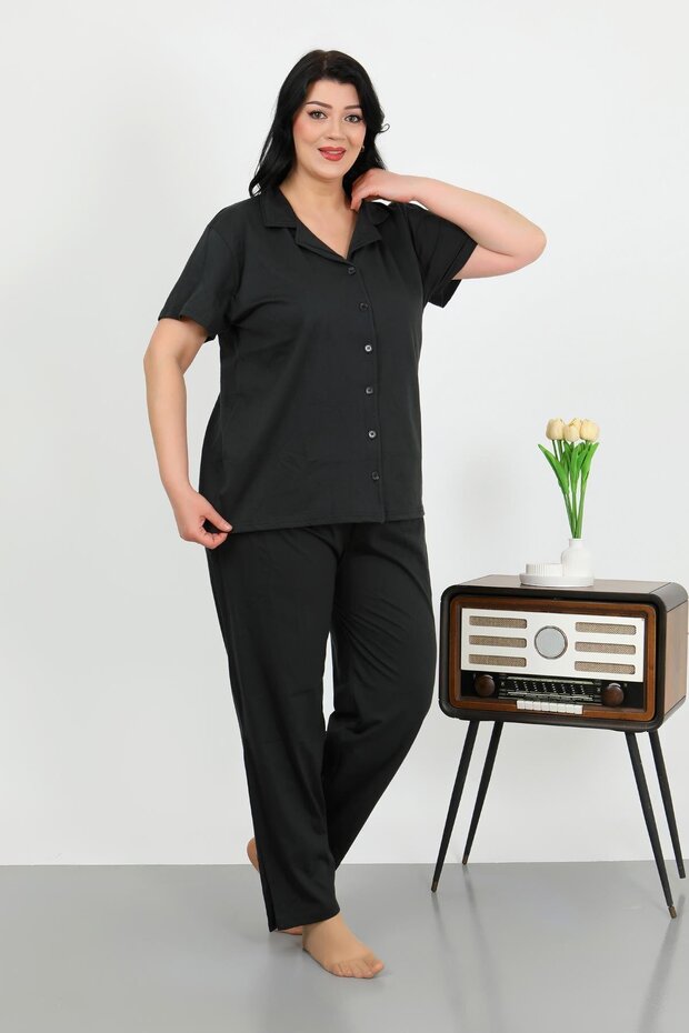 Women's Plus Size Cotton Pocket Buttoned Black Pajama Suit 202507