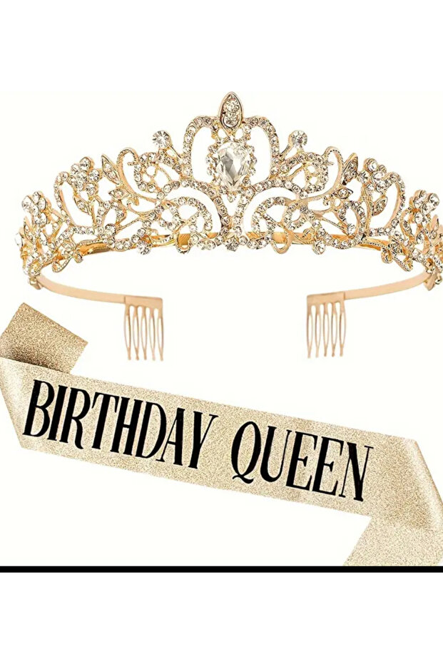 Birthday Quenn Crown Sash Gold Color 1 Crown 1 Sash