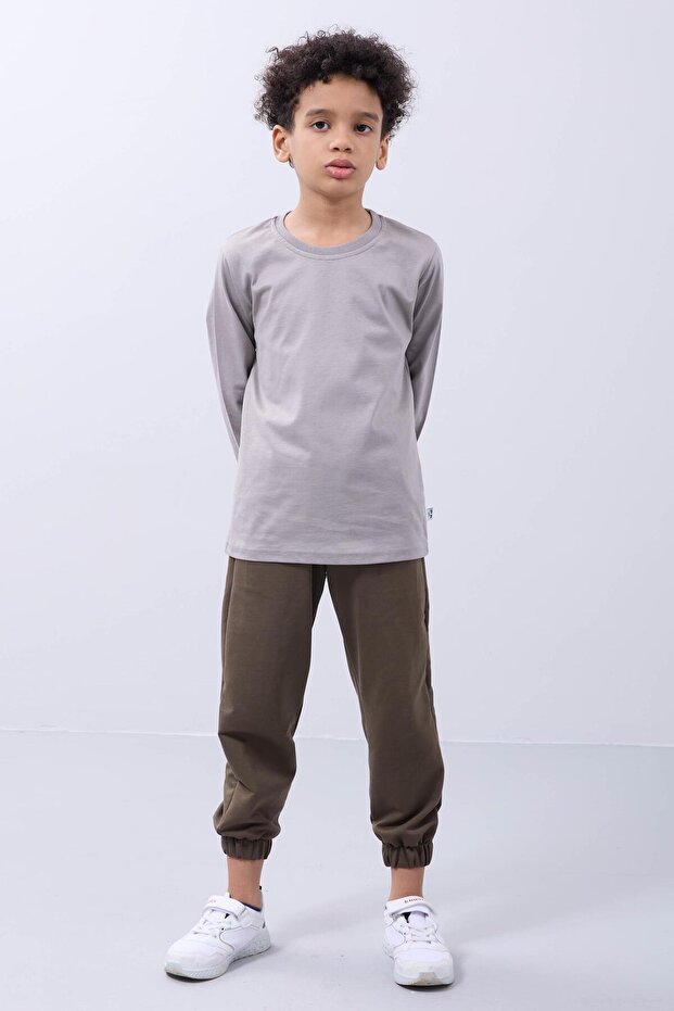 %100 Pamuklu Kız Ve Erkek Unisex Uzun Kollu Basic Tshirt Gri - 2