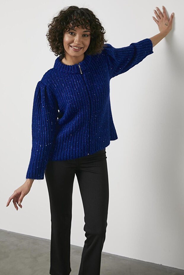 Pullu Fermuarlı Triko Hırka - Saks - 3