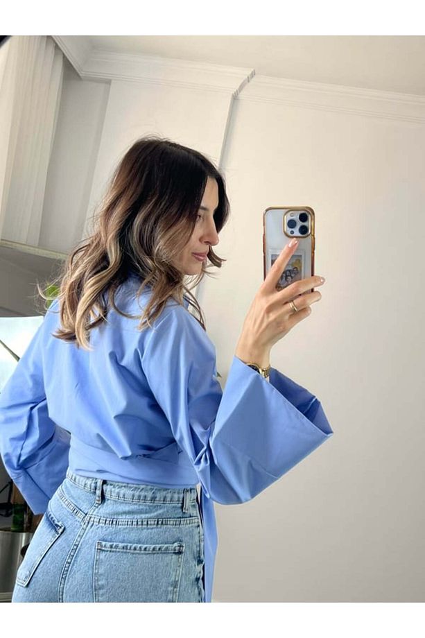 büyük birleşik kuşak bağlamalı ispanyol geniş kollu bele oturan dik yaka pinterest muadil gömlek - 4